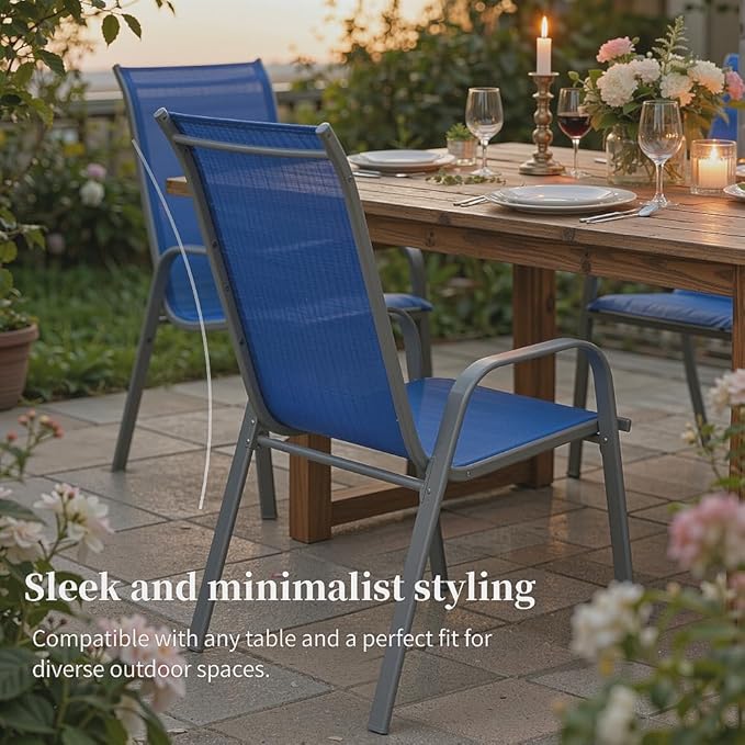 MAMIZO Patio Dining Chairs, Stackable All Weather Teslin Chair, Heavy Duty Outdoor Breathable Chairs Set, w/Armrests, Upgraded Chair FeetW/Strenthened Iron Spacers, 330 LBS (4, Navy Blue)