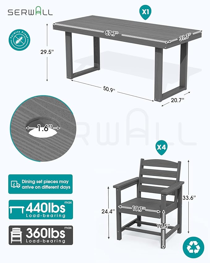 SERWALL HDPE Outdoor Dining Set for 4, 67'' All Weather Patio Dining Table and Chairs Set for Deck, Lawn, Gray