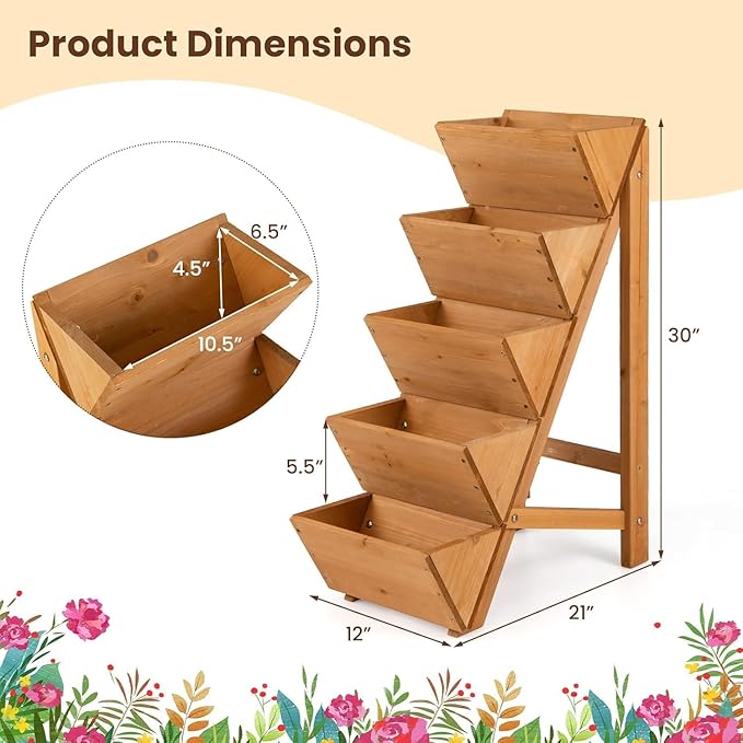 Giantex 5-Tier Wooden Vertical Raised Garden Bed, Freestanding Plant Stand with Legs for Herbs Vegetables Fruits, Indoor Outdoor Tiered Wood Planter Box Flower Rack for Patio, Balcony & Yard