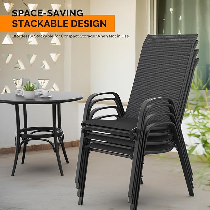 VINGLI 4 Pack Stackable Outdoor Bar Chairs – High Back Sling Chairs with Armrests, Ideal for Lawn, Courtyard, Bar, Black