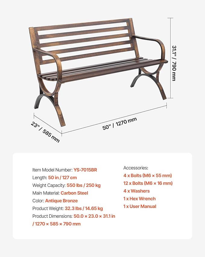 VEVOR Outdoor Bench, 50 inch, Carbon Steel Metal Frame with Slatted Pattern Backrest and Round Edge Armrests, Weatherproof Outside Bench for Patio, Garden, Park, Yard, Front Porch, Antique Bronze