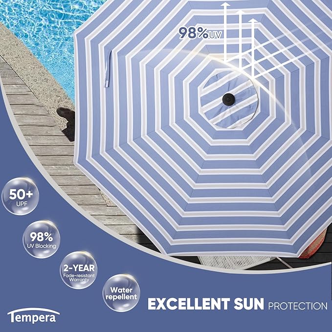 Tempera Patio Market Outdoor Table Umbrella with Auto Tilt and Crank, Large Sun Umbrella with Sturdy Pole & Fade Resistant Canopy, Easy to Set