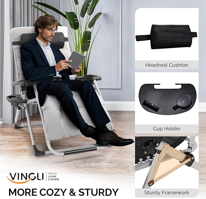 VINGLI 29" Padded Zero Gravity Chair, Lounge Chair with Removable Cushion & Tray， Folding Reclining Patio Chairs， Recliner Chair for Lawn，Indoor Outdoor-Grey