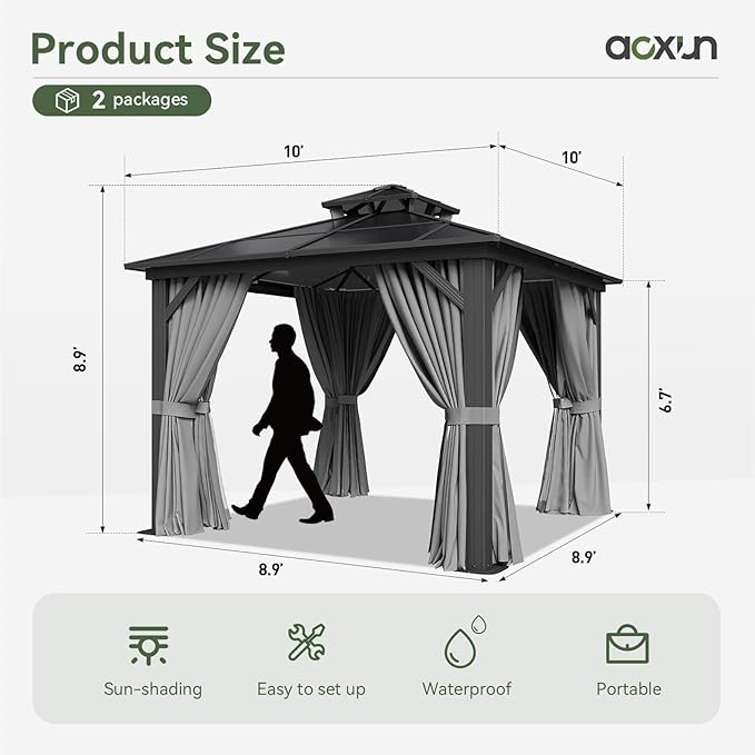 Aoxun 10'x10' Hardtop Gazebo, Outdoor Polycarbonate Double Top Canopy, Aluminum Frame Gazebo with Netting and Curtains, Sunshade for Patios, Gardens, Lawns, Gray