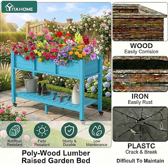 YITAHOME Raised Garden Bed HDPE, 47x18x31In Raised Flower Bed Poly-Wood Weather-Resistant Elevated Planter Box with Lockable Wheels & Storage Shelf for Vegetable Flower, Aruba Blue