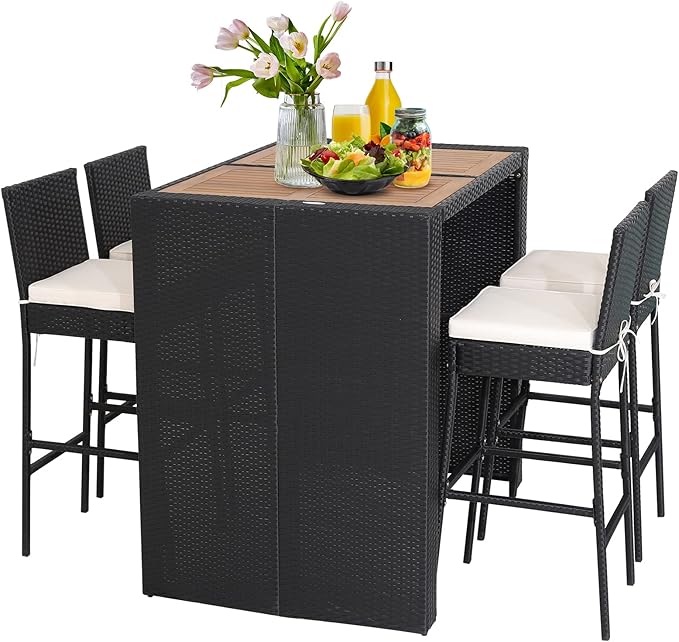Tangkula 5 Piece Patio Wicker Bar Set, Patiojoy Outdoor Acacia Wood Bar Height Table & 4 Rattan Bar Stool Chairs with Backrest and Footrest, Outdoor Dining Bistro Set