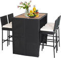 Tangkula 5 Piece Patio Wicker Bar Set, Patiojoy Outdoor Acacia Wood Bar Height Table & 4 Rattan Bar Stool Chairs with Backrest and Footrest, Outdoor Dining Bistro Set