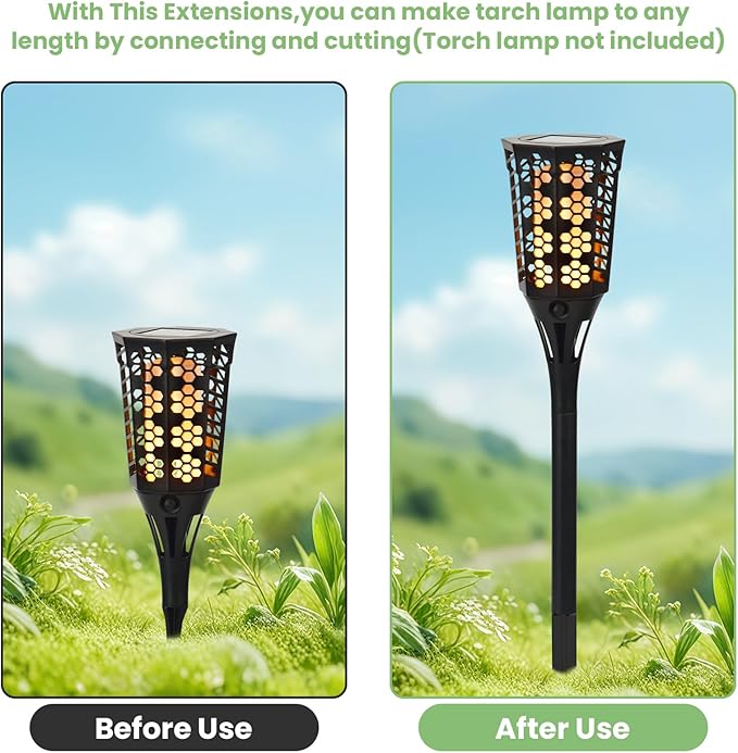 8 Sets Flame Lamp Extension Kit for Solar Torches, Ground Stakes and Joint Connectors to Elevate Outdoor Lighting, Black Adapters for Garden, Backyard & Landscape Decor