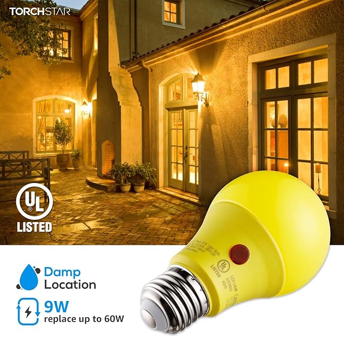 TORCHSTAR Yellow Dusk to Dawn Light Bulbs Outdoor, Sensor A19 LED Light Bulb, Auto On/Off Photocell Automatic for Outdoor Lighting, UL FCC DOE, 2700K, Pack of 4
