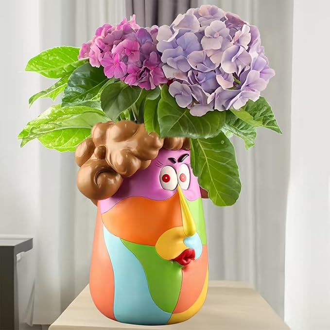 TOZLU Picasso Brutalist Beauty Face Flower Pot Ornaments Head Planter Pots Container Colorful Face Art Resin Flower Pot (Curly Haired Girl)