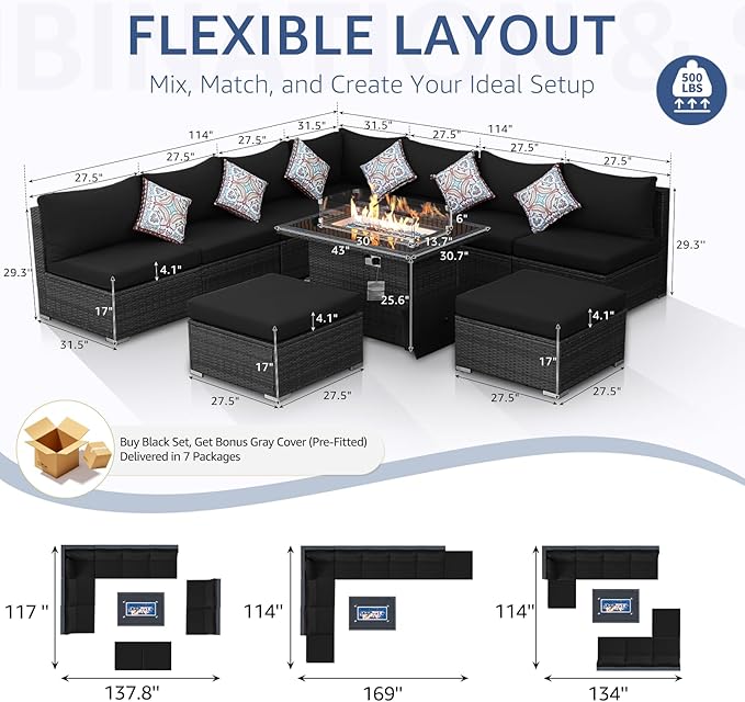 NICESOUL 10 Pcs Outdoor Sectional Set with Natural Gas/Propane Firepit Table, 29.3'' High-Back Patio Furniture Sofa Set, Oversized Rattan Couches for Backyard Garden Lawn, 2 Color Cushion Black & Gray