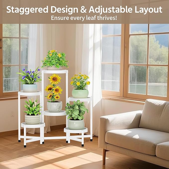 LASZOLA 6 Tiered Folding Plant Stand Indoor for Multiple Large Planter, Tall Heavy Duty Adjustable Rack with Rust Proof Plastic Shelving, Sturdy Vertical Tree Organizer for Narrow Inside Floor, White