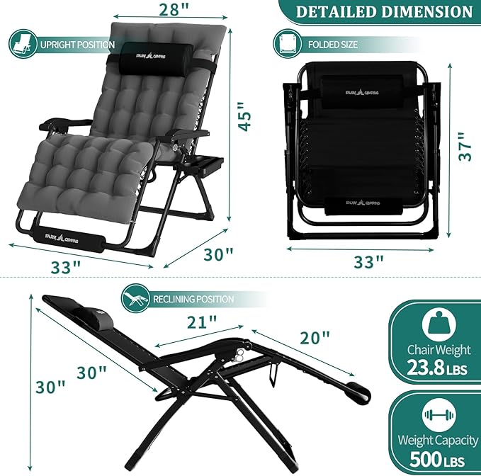 UDPATIO Oversized Zero Gravity Chair Set of 2, 33In XXL Patio Reclining Chair with Cushion, Outdoor Folding Recliner with Pillows|Cup Holder|Foot Rest|Padded Headrest, Dark Grey, Support 502LB