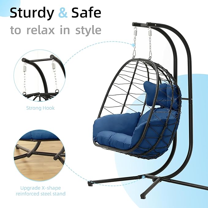 Double Egg Chair with Stand Hammock Swing Chair Foldable Hanging Loveseat, UV Resistant Removable Cushions, 700LBS Capacity for Bedroom, Balcony, Garden(BK-BL)