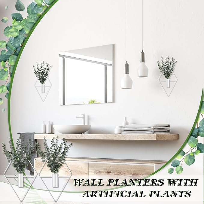 Jexine 4 Pcs Hanging Planters with Artificial Eucalyptus Metal Hanging Vase Indoor Plants Holder Modern Geometric Boho Bathroom Wall Decor for Living Room Home Office (Eucalyptus,White)