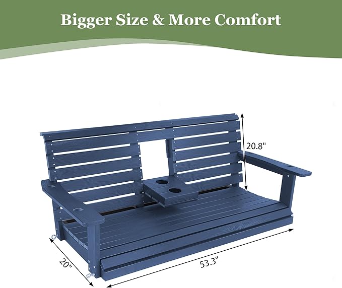 Poly Lumber 3-Seat Porch Swing, HIPS 5-Feet Bench Swing with Foldable Cup Holders,18/8 Stainless Steel Hardware, High Backrest and Deep Contoured Seat (Navy Blue, 5-feet)