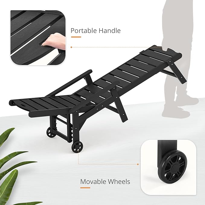 LUE BONA Chaise Lounge Chair with Table, 3-Piece, HDPS Chaise Lounger, 5 Positions Adjustable Lounge Chairs, Pool Lounge Chair with Wheels for Poolside, Backyard, Black