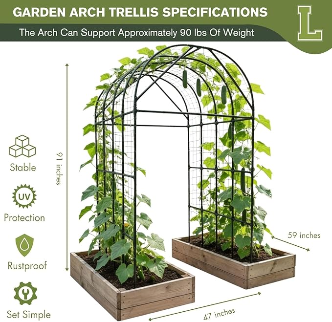 Garden Trellis Arch 7FT Tall – Plastic Coated Metal Arch Trellis for Climbing Plants Outdoor, Weather-Resistant Steel Garden Arch for Vegetables Cucumber Tomato, Raised Bed Trellis