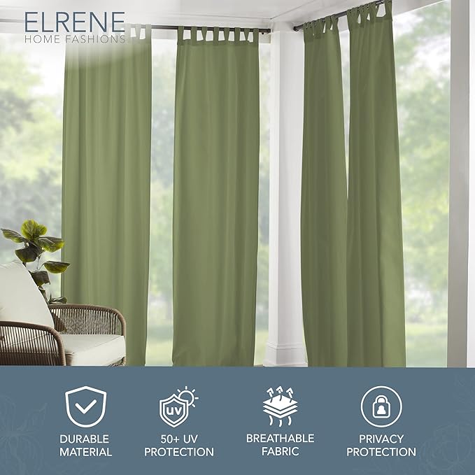 Elrene Home Fashions Matine Weatherproof Tab-Top Indoor/Outdoor Solid Color Curtain Panel for Porch, Pergola, Patio, Deck, 52”W x 95”L, Green (Pack of 3)