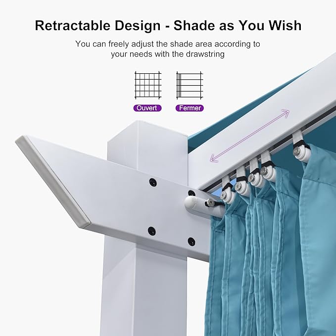 PURPLE LEAF 10' x 13' Outdoor Aluminum Pergola White Heavy-Duty Retractable Pergola Patio Metal with Double Sun Shade Canopy and Light for Backyard Gardens Deck, Blue