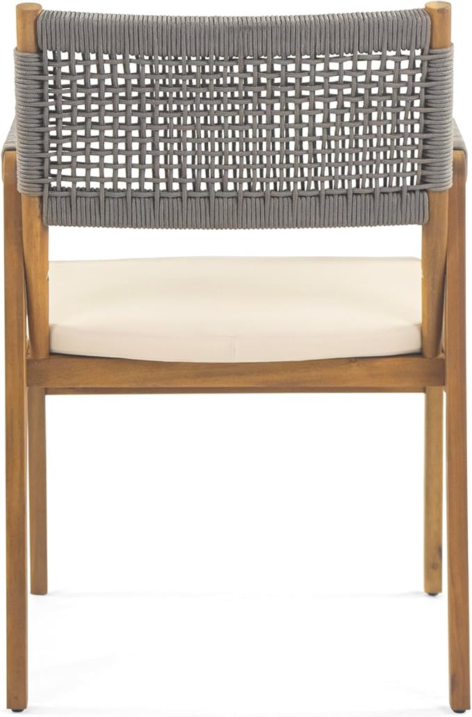 Christopher Knight Home Pasco Acacia Wood Outdoor Dining Table Set for 6, Wicker Patio Dining Set with Acacia Wood Table and Bench, Patio Table and Chair Set with Cushion+Rope Backrest, Teak+Grey