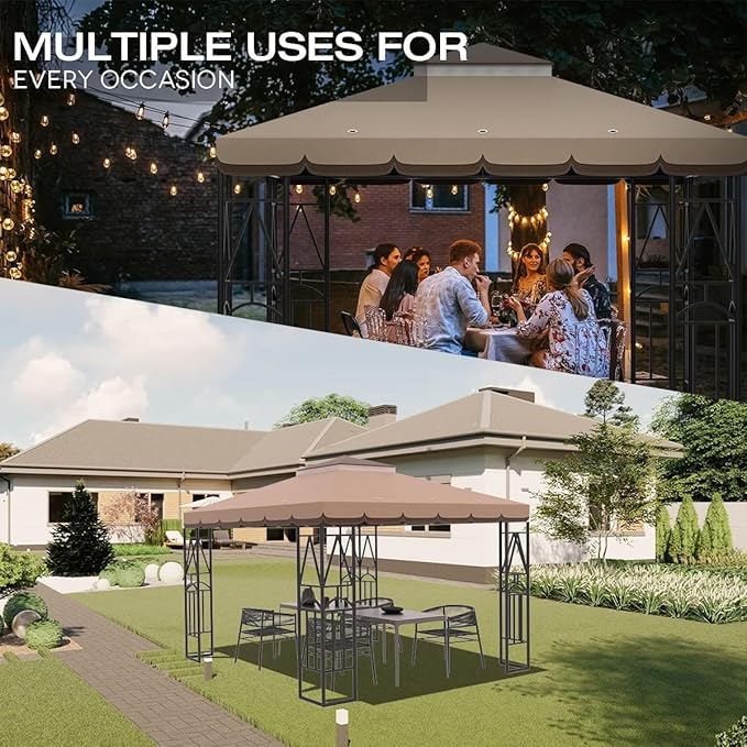 10x10 Canopy Replacement Top Double Tiered Gazebo Cover for Yard, Patio & Garden Durable Sunshade Replacement (Coffee Liqueur+Brown with lace)