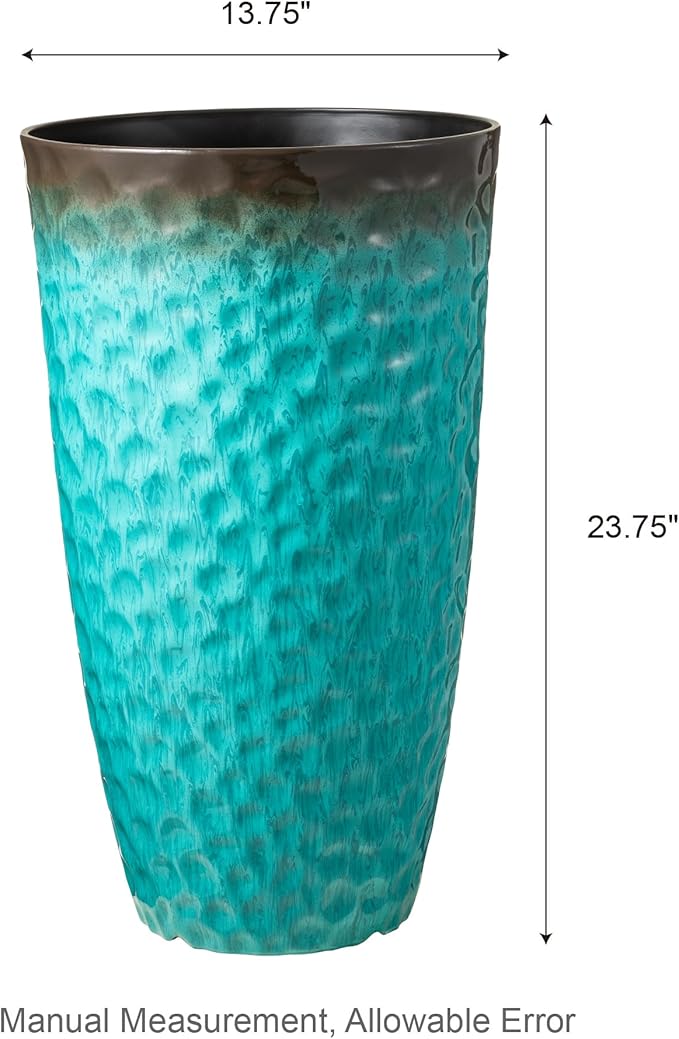 Glitzhome 23.75" H Large Planters for Outdoor Plants,Set of 2 Plastic Tall Outdoor Planters with Drainage Holes,Honeycomb Textured Gradient Turquoise Finish, Large Flower Pots for Front Porch Indoor