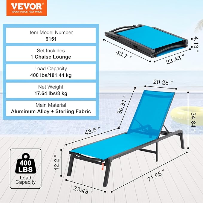 VEVOR Chaise Lounge Chairs Outdoor, Aluminum Patio Lounge Chairs with Adjustable 5-Position, Folding Pool Chair Recliner and Full Flat Tanning Chair for Patio, Beach, Pool, Blue