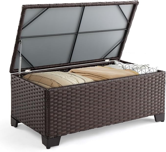 VINGLI Outdoor Coffee Table with Storage, All-Weather Dark Brown Wicker Patio Table for Garden, Balcony, Backyard
