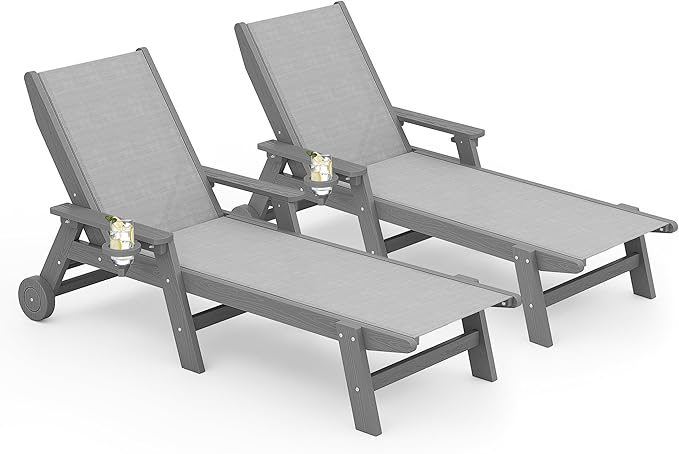 SERWALL Textilene Patio Chaise Lounge Chair Set of 2, 5 Positions Outdoor Lounger with Rolling Wheels for Pool, Deck, Grey