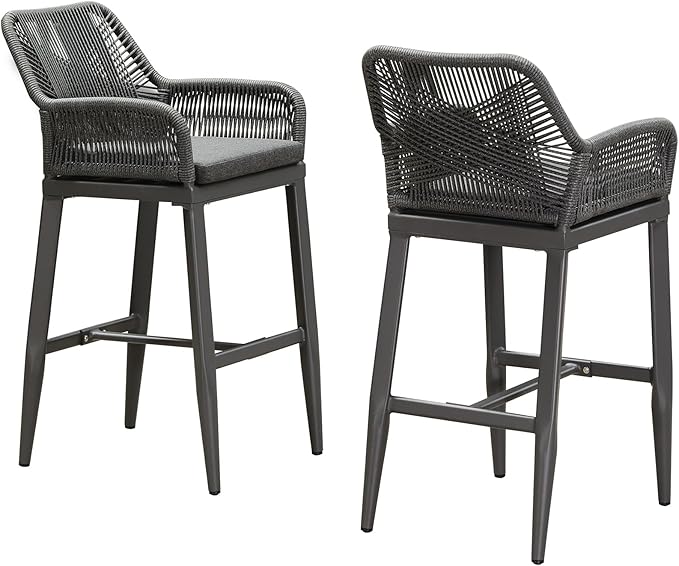 PURPLE LEAF Outdoor 29" Bar Stools Set of 2, Boho Patio Bar Height Chair with Cushion and Back for Outdoor and Indoor, Garden, Patio, Grey