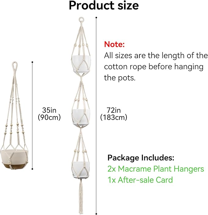 USLAI Macrame Plant Hanger Indoor Outdoor, Fits 4 to 15 Inch Pots, Strong Hanging Planter Holder, Boho Home Decor, 72+35 Inch, Ivory (POTS NOT Included)