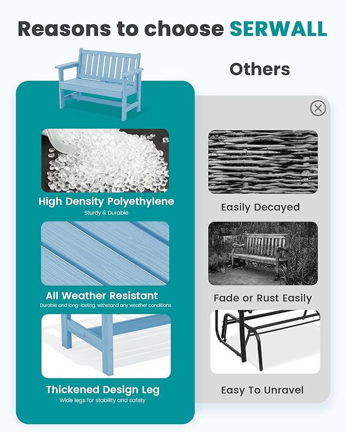 SERWALL Outdoor Bench, HDPE Outdoor Benches Weatherproof, 2-Person Garden Bench with 660 lbs Weight Capacity, Patio Benches for Outdoors, Garden, Porch, Backyard and Park, Light Blue