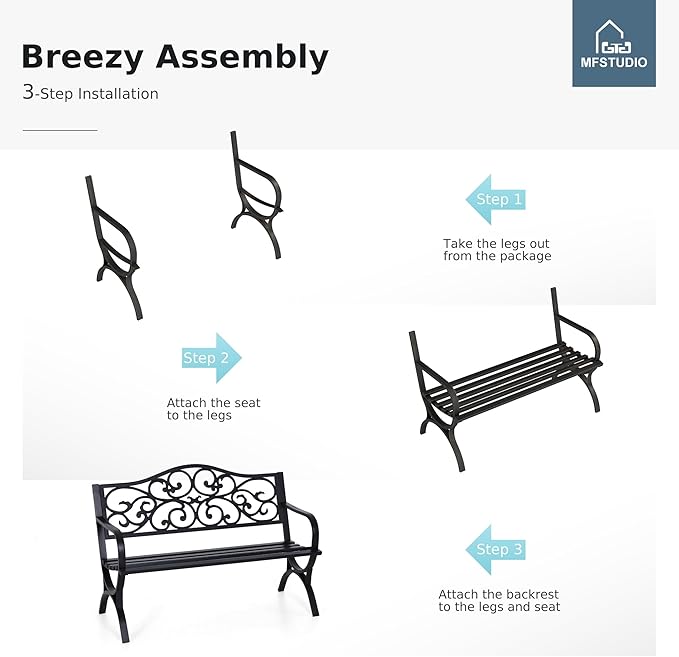 MFSTUDIO 50 Inches Outdoor Garden Bench, Cast Iron Metal Frame Patio Park Bench with Floral Pattern Backrest, Arch Legs for Porch Lawn Garden Yard(Black)