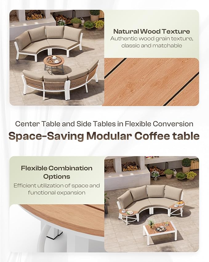 Outdoor Patio Furniture Set,4 Piece Aluminum Half-Moon Patio Conversation Sets, PE Rope Curved Sofa, All-Weather Outdoor Sectional Sofas with Modular Coffee Table & Cushions, White