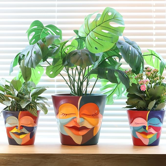 GUGUGO 8 Inch Abstract Rainbow Head Planter, Unique Face Plant Pot with Drainage, Cute Eclectic Flower Planters Pots for Indoor & Outdoor Plants, Colorful Funny Room Decor Aesthetic, Red & Blue