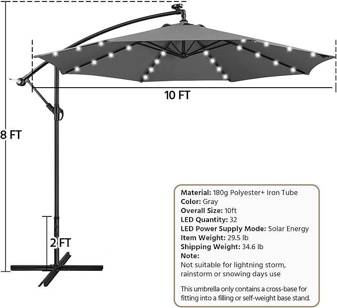 Yaheetech 10FT Solar Offset Umbrella with 32 LED Lights Cantilever Hanging Outdoor Umbrellas Handy Crank & Cross Base for Lawn/Deck/Backyard/Pool Gray