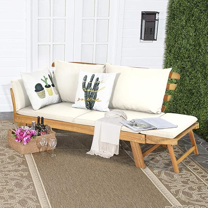Tangkula Convertible Acacia Wood Patio Couch Sofa Bed with Adjustable Armrest, Outdoor Daybed with Cushion & Pillows, Outside Folding Futon Sofa Couch Bench for Porch, Courtyard, Poolside & Garden