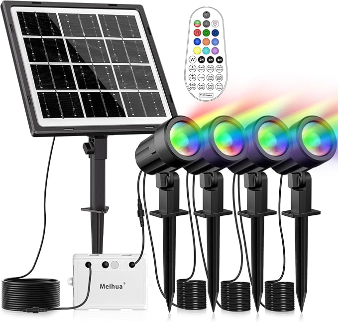 MEIHUA Solar Spot Lights Outdoor Color Changing, 4 in 1 Landscape Lighting RGB Spotlights with Remote Control, IP66 Waterproof Solar Lights Outdoor Garden for Pathway Yard Pool Tree