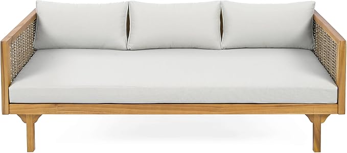 Merax 67.5" Outdoor Patio Daybed 3 Seater Sofa Bed,Acacia Wood Frame with Rattan Arm,Cushion & Pillow for Pool