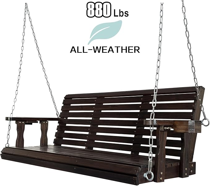 Fortune Candy Wooden Porch Swing 3-Seater, High Backrest and Deep Seat, Bench Swing with Cupholders, Hanging Chains and 7mm Springs, Heavy Duty 880 LBS (Deep Brown, 5 FT Extra Large)