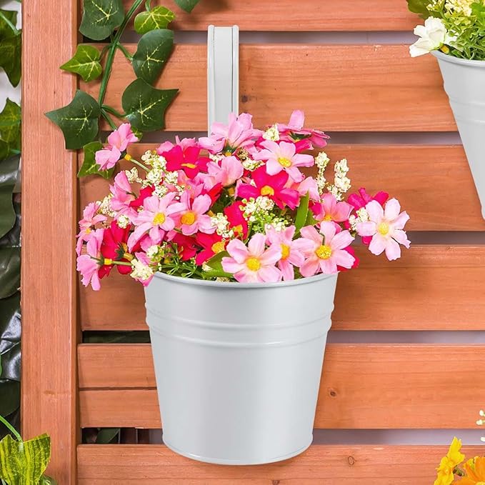 OBTANIM 12 Pack Metal Hanging Flower Pots Railing Planter Outdoor Fence Hanging Bucket Plant Holder with Detachable Hooks Drain Holes for Home Garden Yard Decor (White, 4 x 4 Inch)