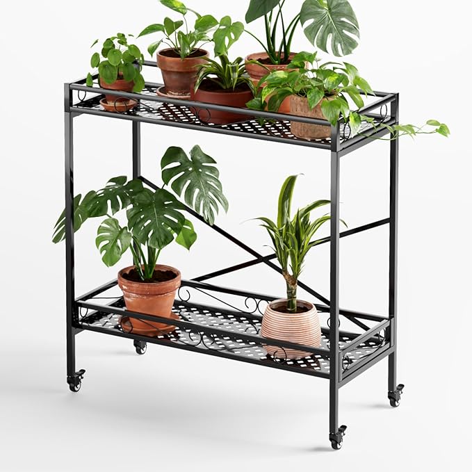 Zhongma 2 Tier Sturdy Metal Plant Stand with Wheels, 36.6x16x39.4 Inch High, Heavy Duty Succulent Shelf for Home Indoor and Outdoor, 440 LBS Capacity & Heavy Duty Construction