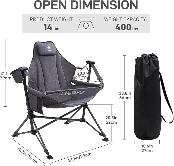 EVER ADVANCED Padded Hammock Camping Chair, Oversized Heavy Duty Swing Chair with Detachable Cup Holder, Portable Folding Rocking Camping Chair, Support Up to 400lbs