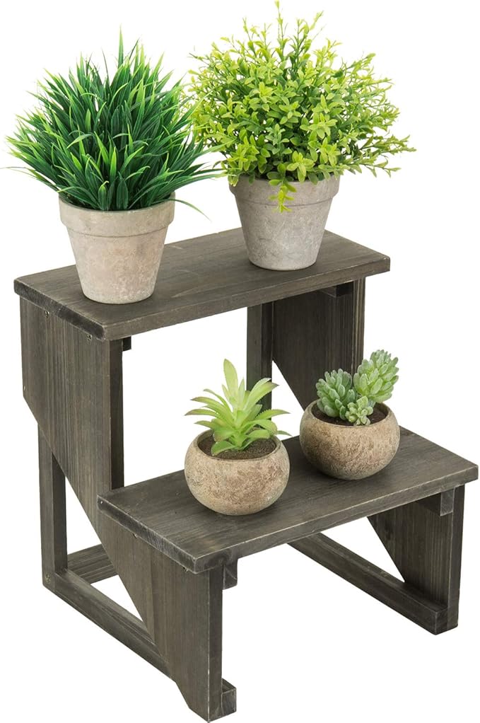 MyGift 2 Tier Rustic Dark Gray Wood Desktop Plant Rack, Farmhouse Style Planter Stand, Desk Display Organizer, Standing Flower Pot Shelf for Garden, Living Room