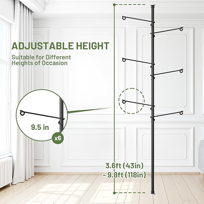 Tension Rod Plant Stand, Plant Poles for Hanging Plants Indoor, Metal Floor to Ceiling Hanging Plants Stand, Tension Pole Plant Stand with 6 Hooks (Fit 3.6-10ft)