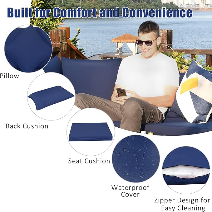 Tangkula 7 Pieces Wicker Patio Furniture Set, All-Weather Outdoor Rattan Sectional Sofa Set with Cushions & Tempered Glass Coffee Table, Outside Sofa Set for Garden, Lawn, Deck, Backyard (Navy)