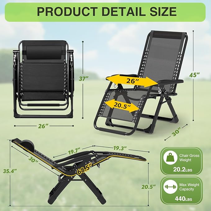 Suteck Zero Gravity Chair Set of 2, Reclining Camping Lounge Chair w/Removable Cushion, Upgraded Lock and Cup Holder, Reclining Patio Chairs Folding Recliner for Indoor and Outdoor