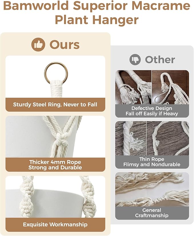 Bamworld Macrame Plant Hanger Indoor Hanging Planter for Plants Hanging Plant Basket Macrame Wall Hanging Planters Boho Decor Home Room Decor Aesthetic 36 Inches Ivory, Set of 2