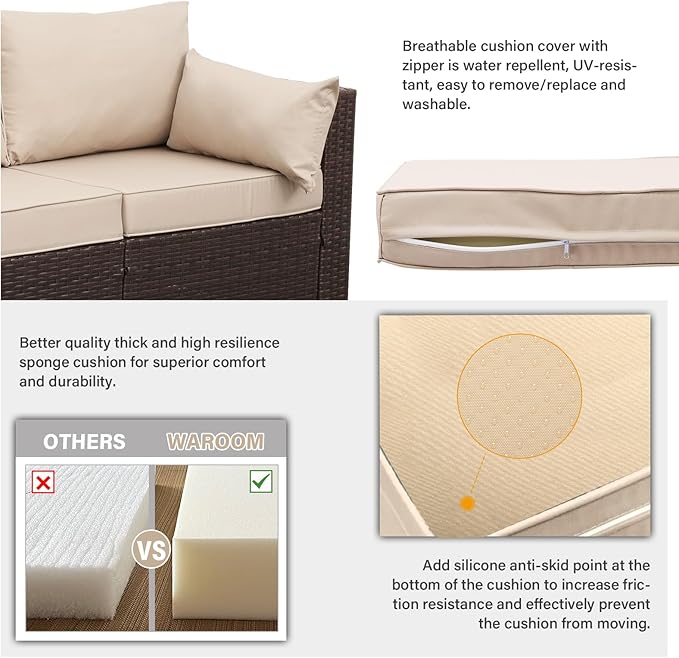 WAROOM Patio Couch PE Rattan 3-Seat Outdoor Sofa Brown Wicker Furniture Set Deep Seating with Anti-Slip Beige Cushion